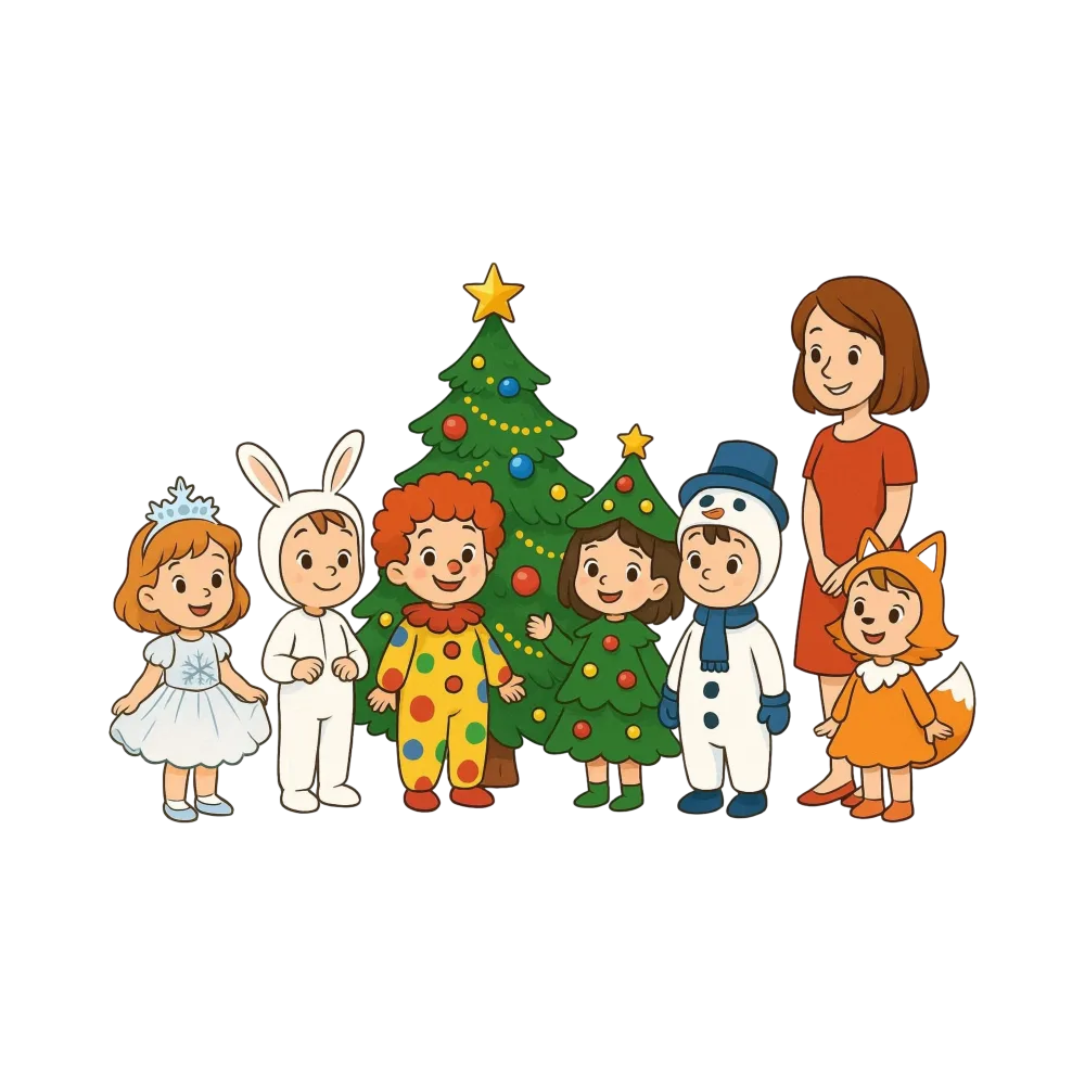 Children in Christmas Costumes with Christmas Trees and Caregiver