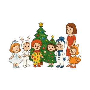 Children in Christmas Costumes with Christmas Trees and Caregiver