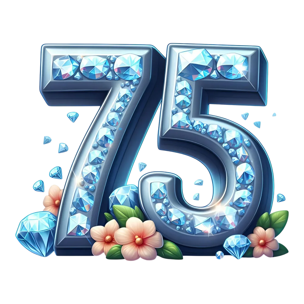 Decorative Number 75 with Blue Gemstones and Flowers