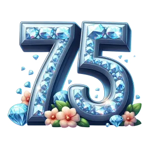 Decorative Number 75 with Blue Gemstones and Flowers