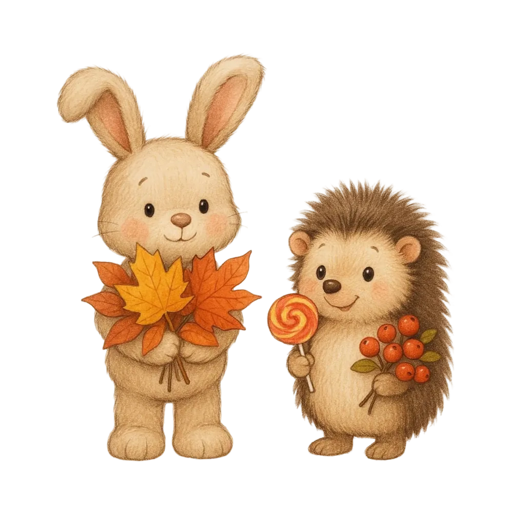 Cute Autumn Rabbit and Hedgehog Holding Leaves and Lollipop