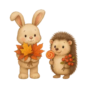 Cute Autumn Rabbit and Hedgehog Holding Leaves and Lollipop