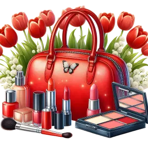 Red Leather Handbag with Makeup Cosmetics and Red Tulips