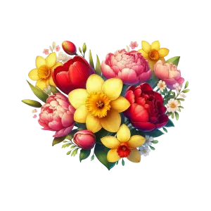 Heart-Shaped Floral Bouquet of Tulips, Daffodils, and Peonies