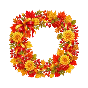 Autumn Harvest Wreath with Yellow Flowers and Red Ribbon