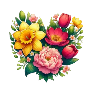Heart Shaped Bouquet of Colorful Flowers with Green Leaves