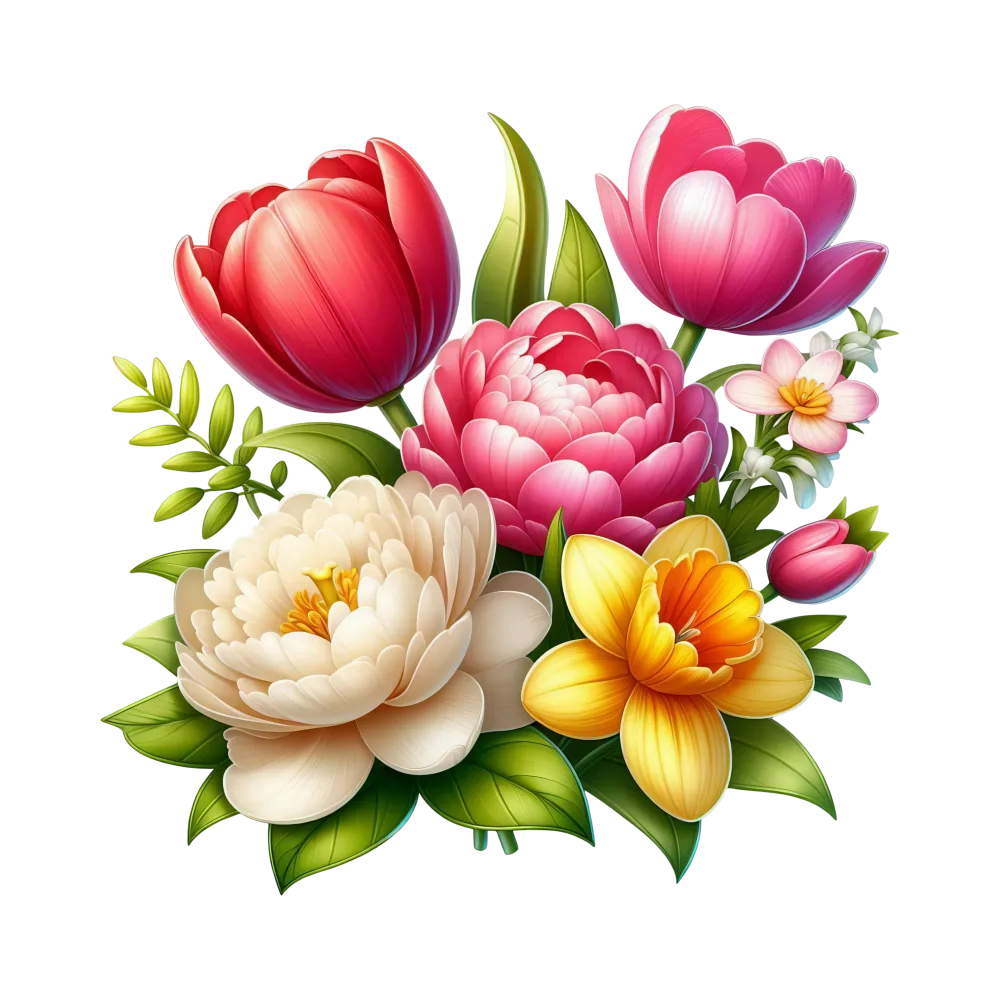 Colorful Bouquet of Various Flowers with Green Leaves