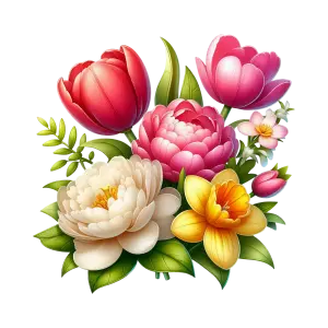 Colorful Bouquet of Various Flowers with Green Leaves
