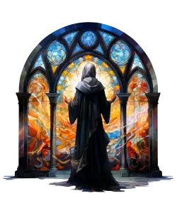 Person in Hooded Cloak Facing Colorful Gothic Stained Glass Window
