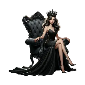 Elegant Woman in Black Evening Gown and Crown Sitting on Ornate Throne