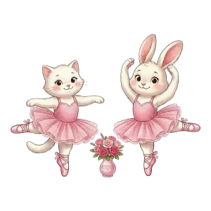 Cute Cat and Bunny in Pink Ballerina Dresses Dancing with Flower Vase