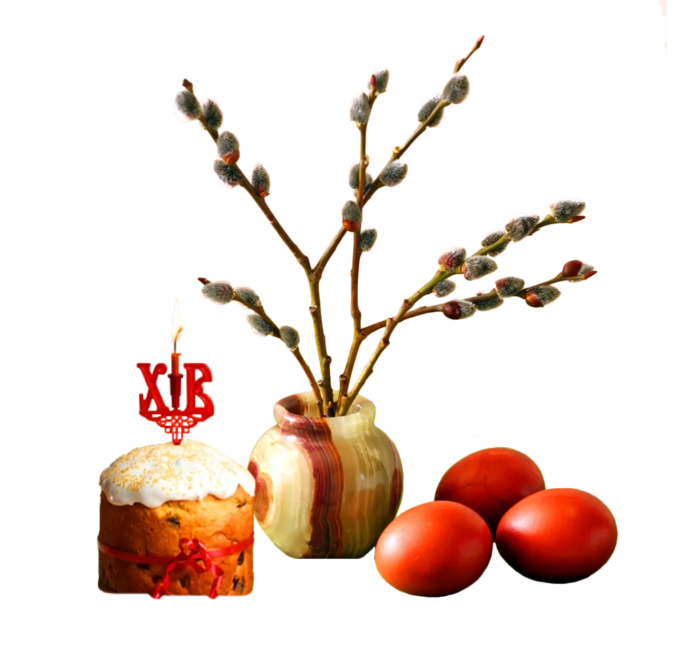 Easter Cake with Red Eggs and Pussy Willow Branches in Vase