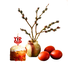 Easter Cake with Red Eggs and Pussy Willow Branches in Vase