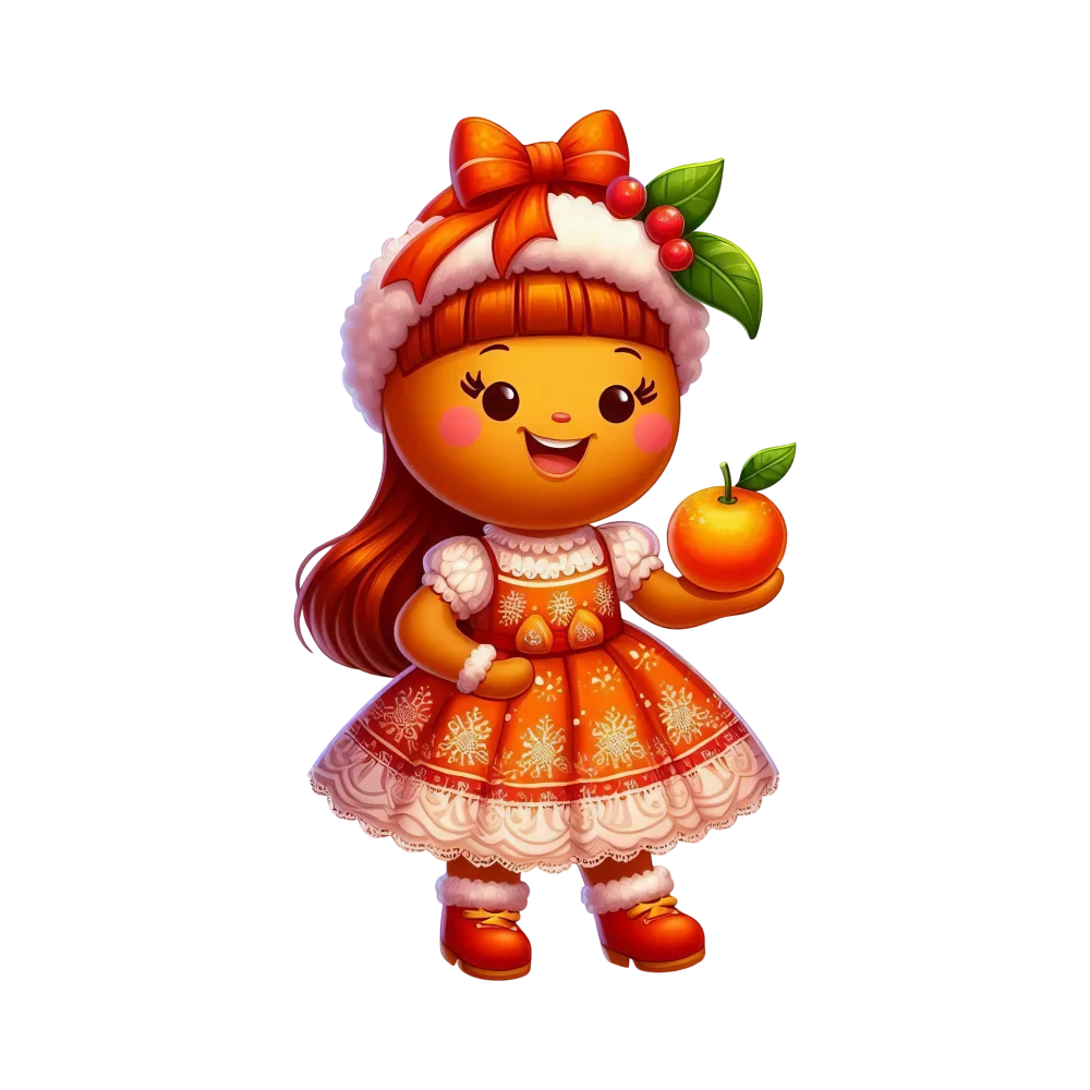 Cute Gingerbread Girl Character Holding Orange