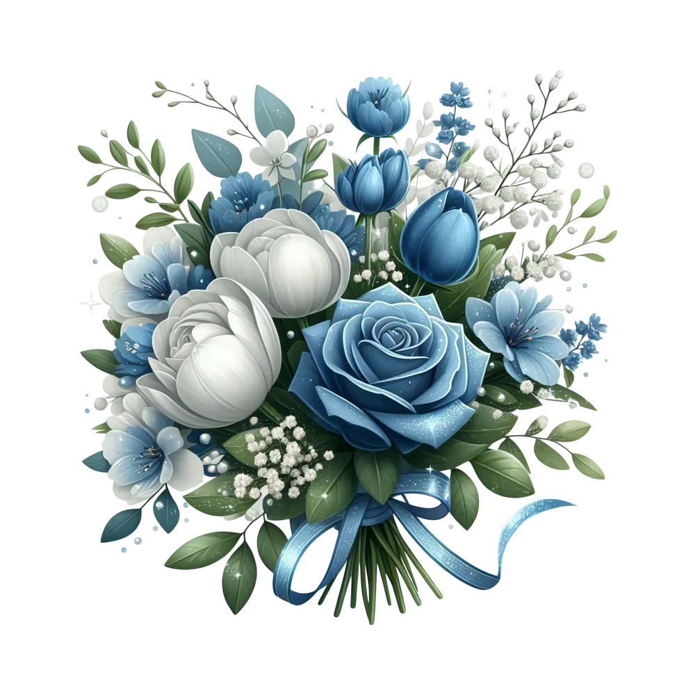 Blue and White Flower Bouquet with Ribbon