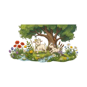Cartoon Baby Goats Playing Near Stream Under Tree with Flowers