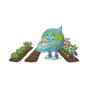 Cartoon Earth Holding Birthday Cake in Vegetable Garden