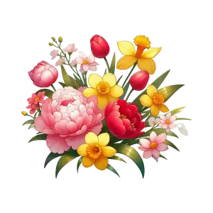 Colorful Floral Bouquet with Peonies, Tulips, Daffodils, and Small Blossoms