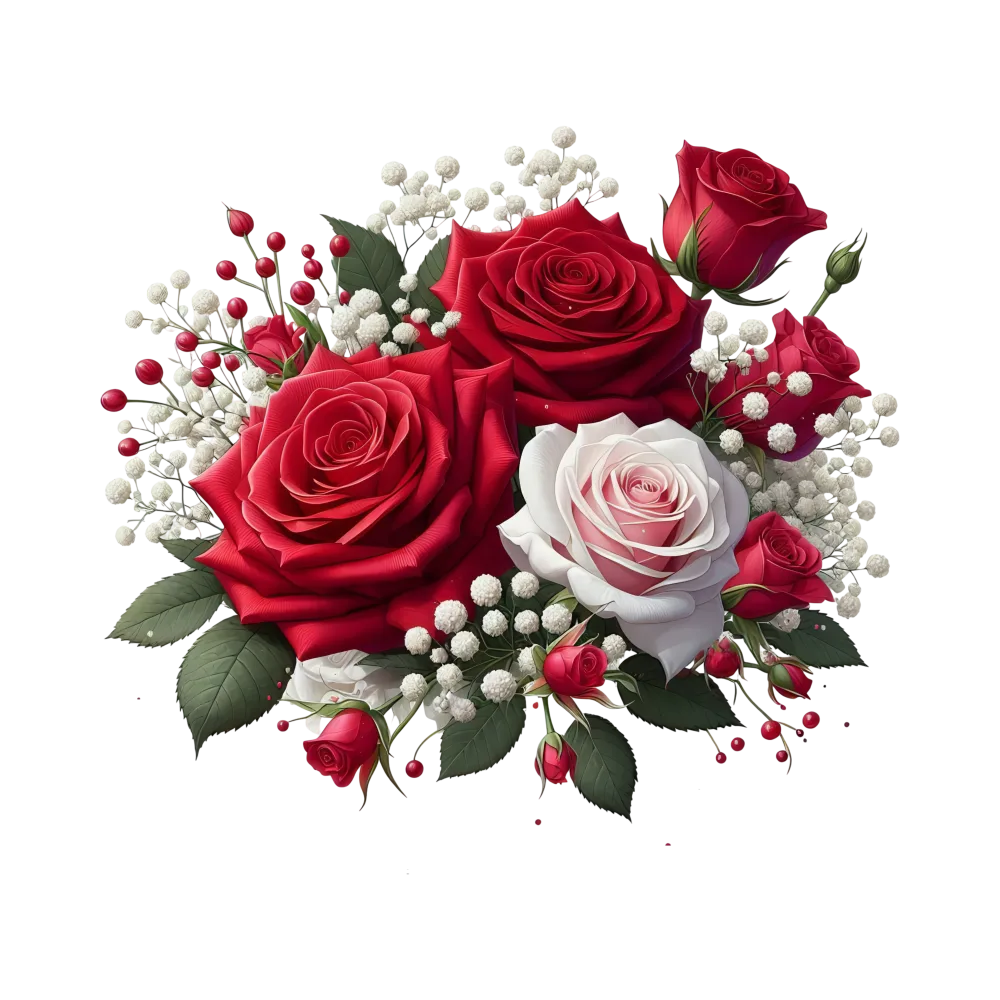 Bouquet of Red and White Roses with Green Leaves and White Baby's Breath