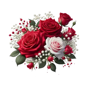 Bouquet of Red and White Roses with Green Leaves and White Baby's Breath