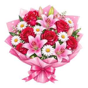 Bouquet of Red Roses, Pink Lilies, and White Daisies Wrapped in Pink