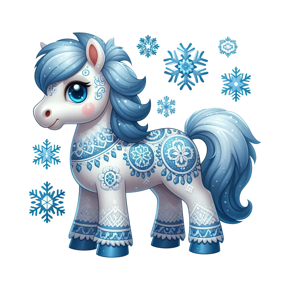 Winter-Themed Cartoon Pony with Decorative Blue Patterns and Snowflakes