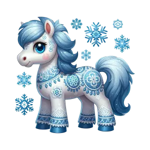 Winter-Themed Cartoon Pony with Decorative Blue Patterns and Snowflakes