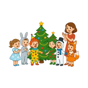 Children in Christmas and Animal Costumes with Christmas Trees