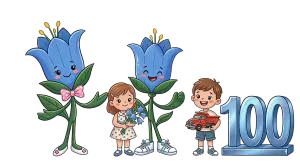 Cartoon Children with Blue Flower Characters and Number 100