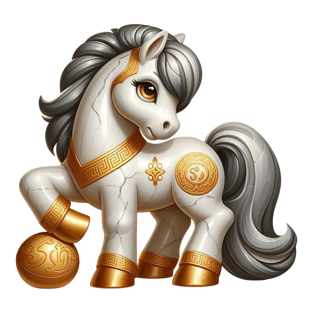 Cartoon Marble Statue Horse with Gold Decorations