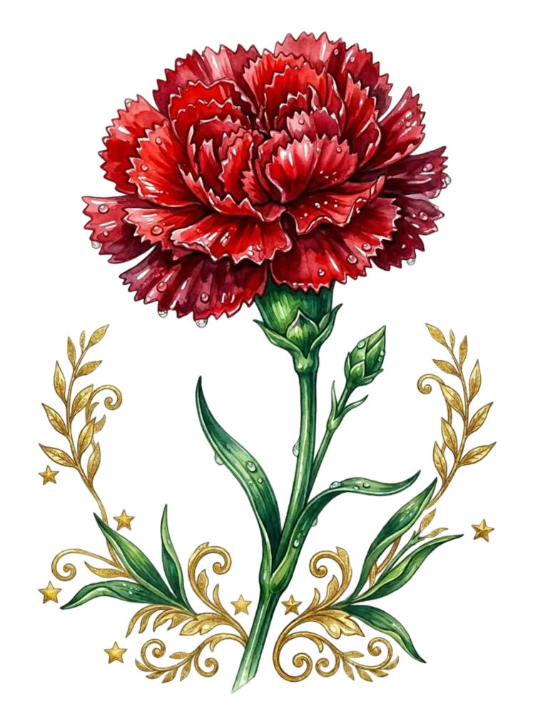 Red Carnation Flower with Decorative Golden Leaves and Stars