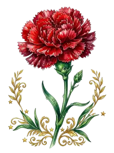 Red Carnation Flower with Decorative Golden Leaves and Stars