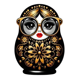 Stylized Russian Matryoshka Doll with Gold Floral Design and Oversized Glasses