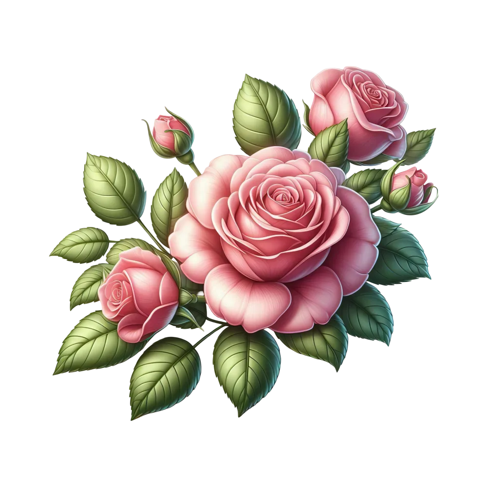 Realistic Pink Rose Bouquet with Green Leaves