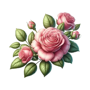 Realistic Pink Rose Bouquet with Green Leaves