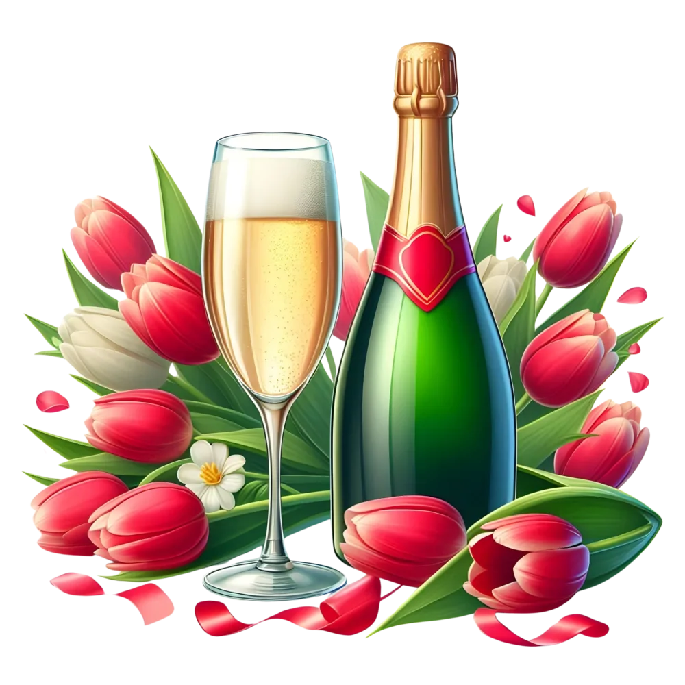 Champagne Bottle and Glass with Red and White Tulips