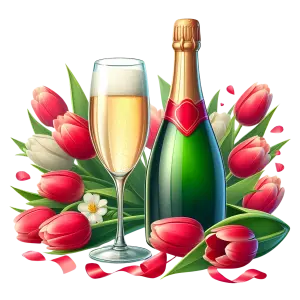 Champagne Bottle and Glass with Red and White Tulips