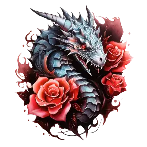 Fierce Blue Dragon with Red Roses
