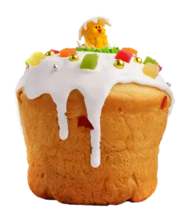 Easter Panettone Cake with Icing and Colorful Decorations
