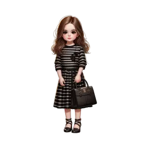 Cute Girl in Black and White Striped Dress Holding Black Handbag