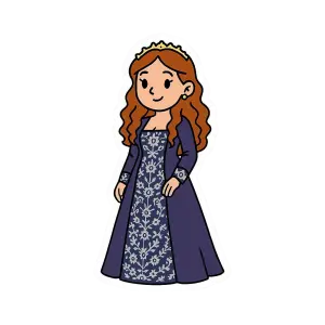 Cartoon Princess with Curly Hair in Purple Gown