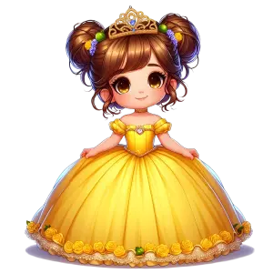 Cute Cartoon Girl in Yellow Princess Dress with Tiara