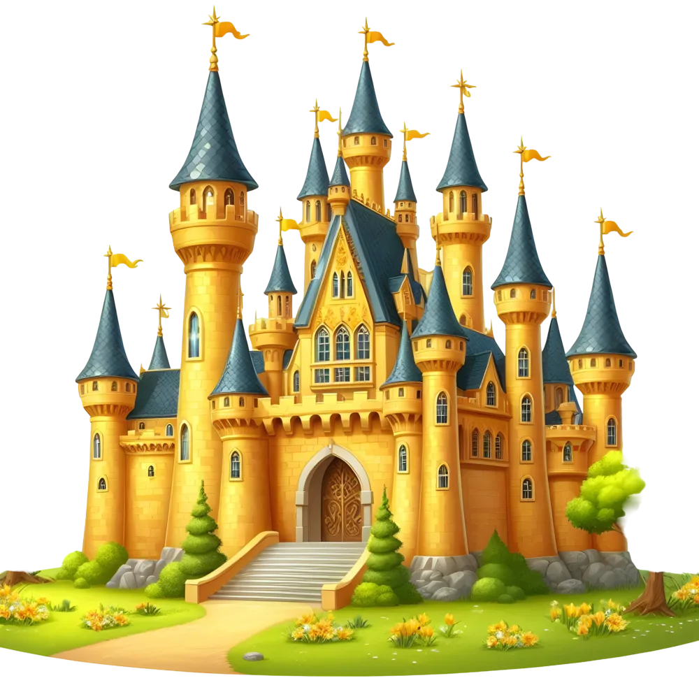 Colorful Fairy Tale Castle with Blue Spires and Yellow Flags