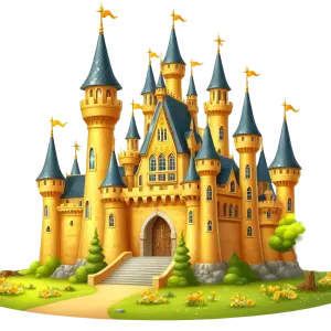 Colorful Fairy Tale Castle with Blue Spires and Yellow Flags