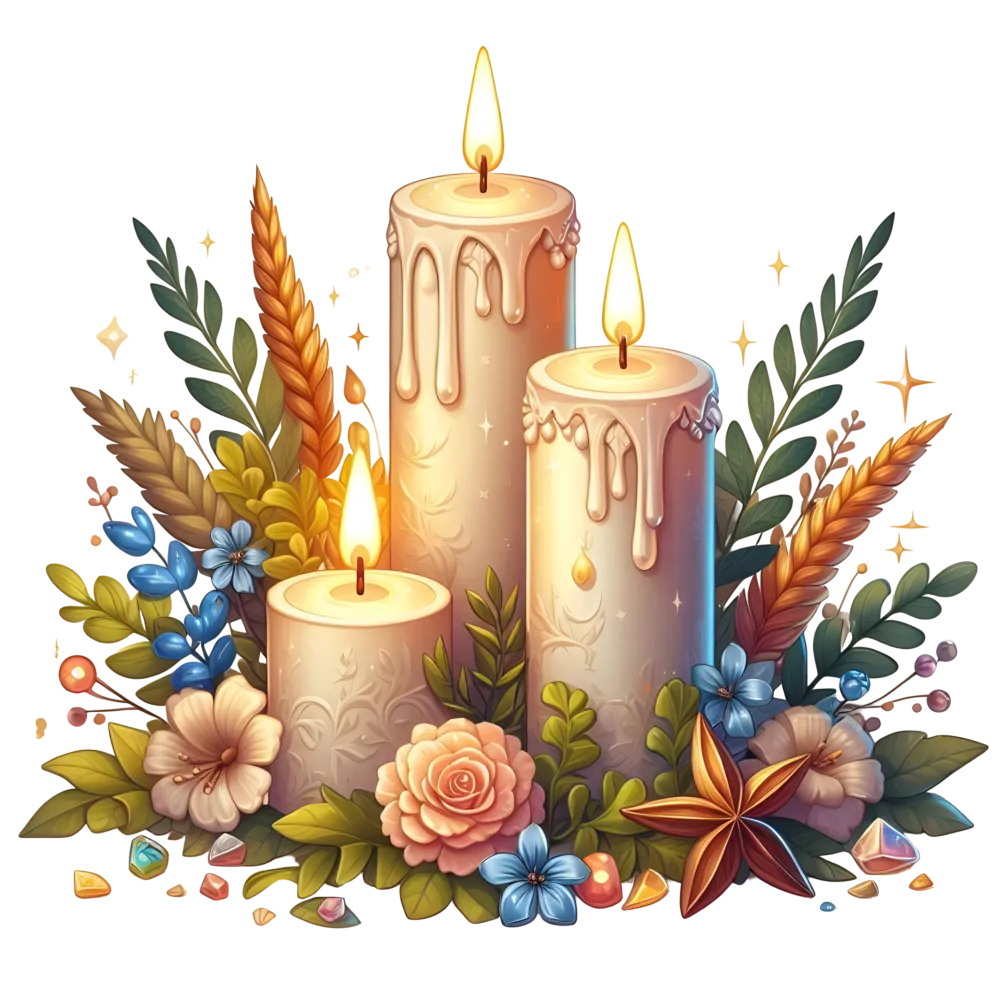Decorative Arrangement of Three Lit Candles with Flowers and Leaves