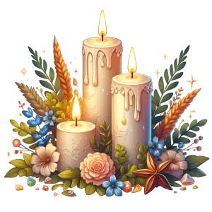 Decorative Arrangement of Three Lit Candles with Flowers and Leaves