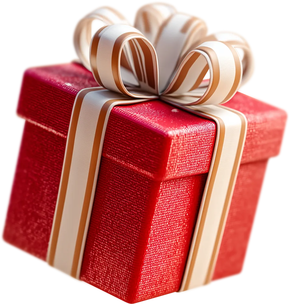 Red Gift Box with White and Gold Striped Ribbon