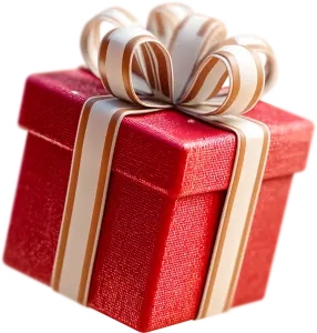 Red Gift Box with White and Gold Striped Ribbon