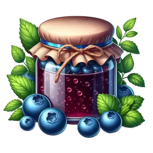 Jar of Blueberry Jam with Fresh Blueberries and Green Leaves