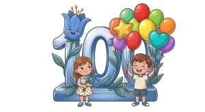 Happy Children Celebrating 100th Anniversary with Balloons and Flowers